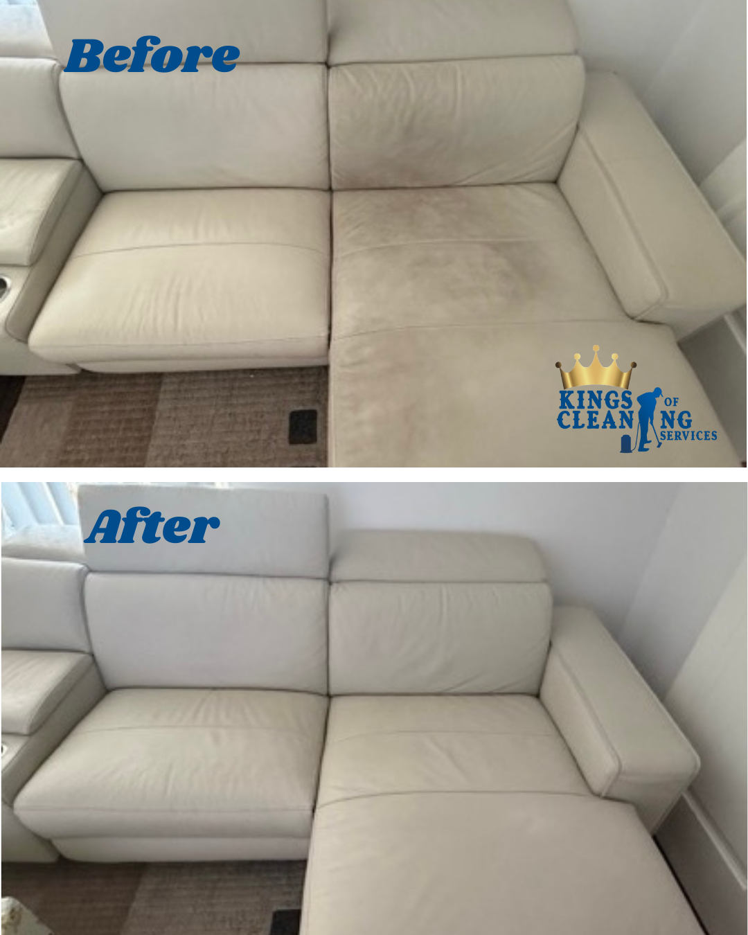 Before and after comparison of professional leather lounge cleaning, showing a light-coloured leather sofa with visible stains and wear that has been restored to a clean and refreshed condition.