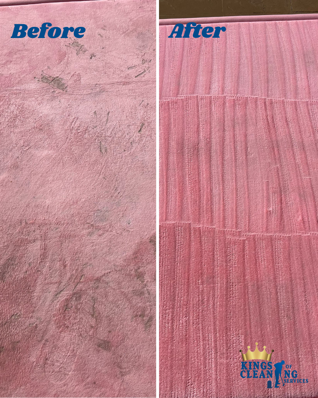 Before and after comparison of professional rug cleaning, showing a pink rug with visible dirt, footprints and stains restored to a clean and evenly textured surface.