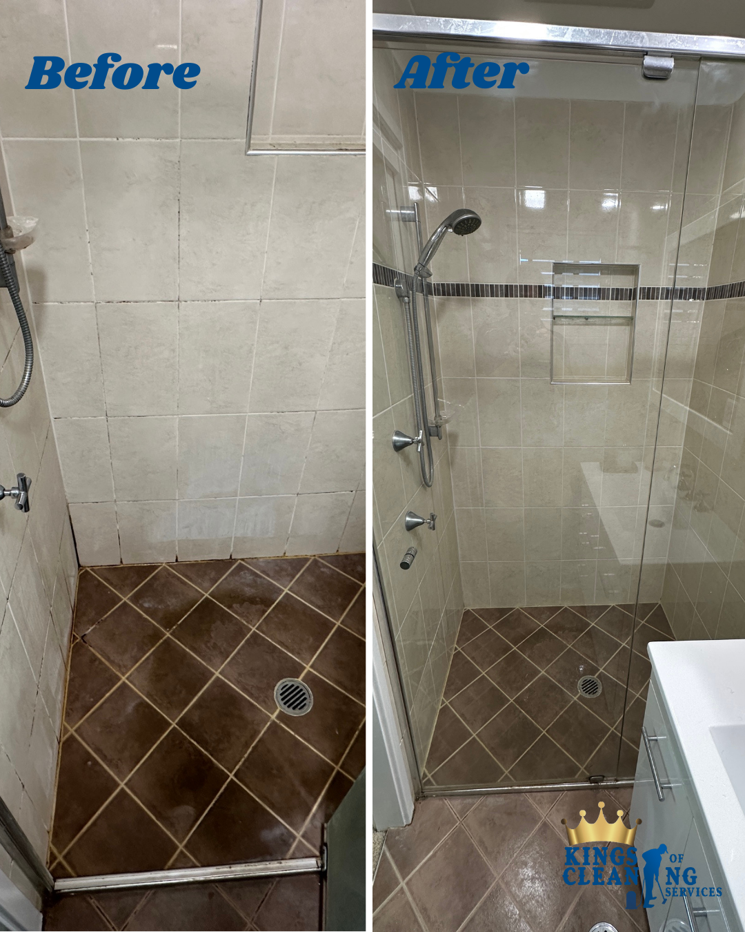 Before and after comparison of a bathroom shower wall and floor after professional tile and grout cleaning