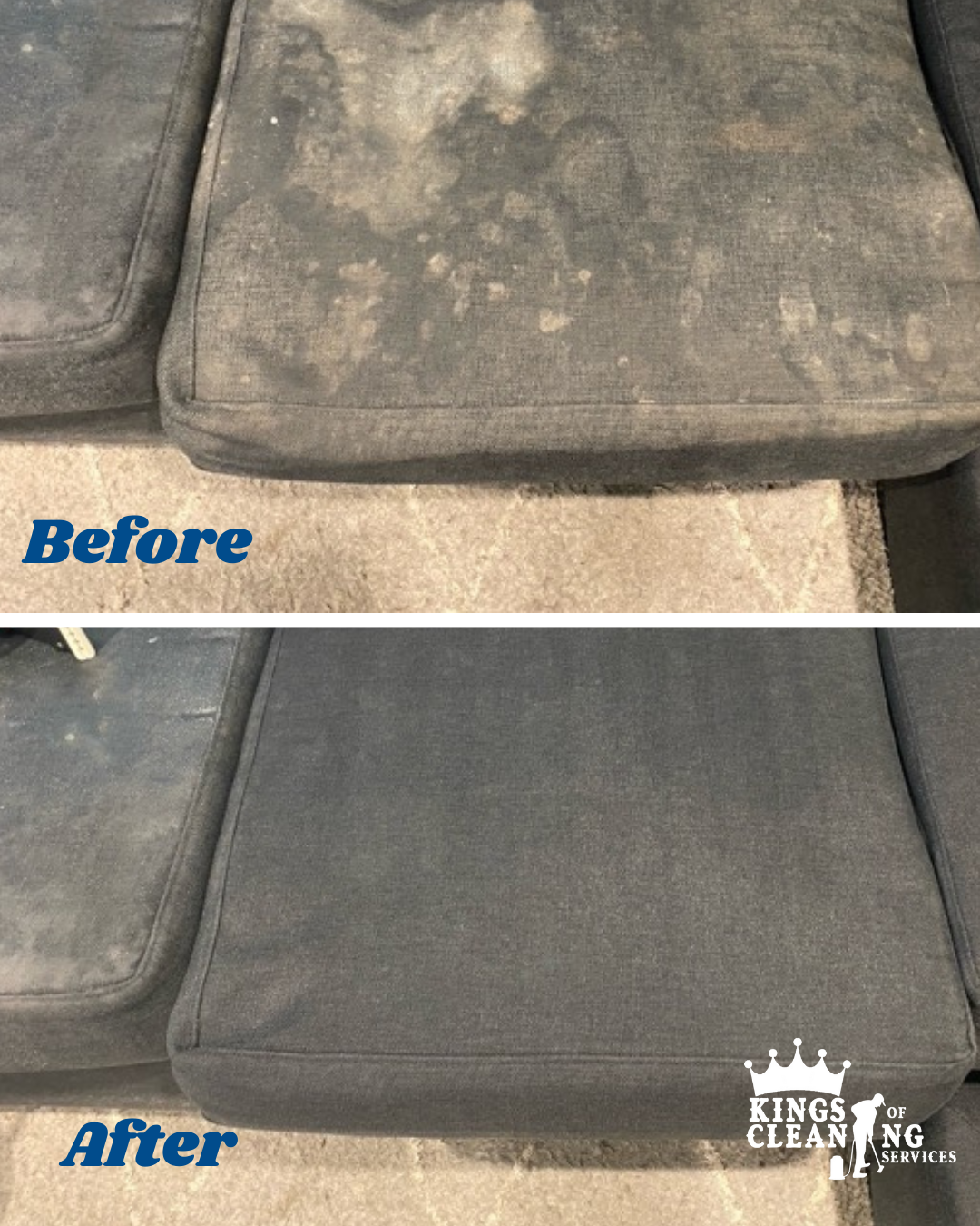 Before and after comparison of a heavily stained fabric sofa cushion restored through professional upholstery cleaning