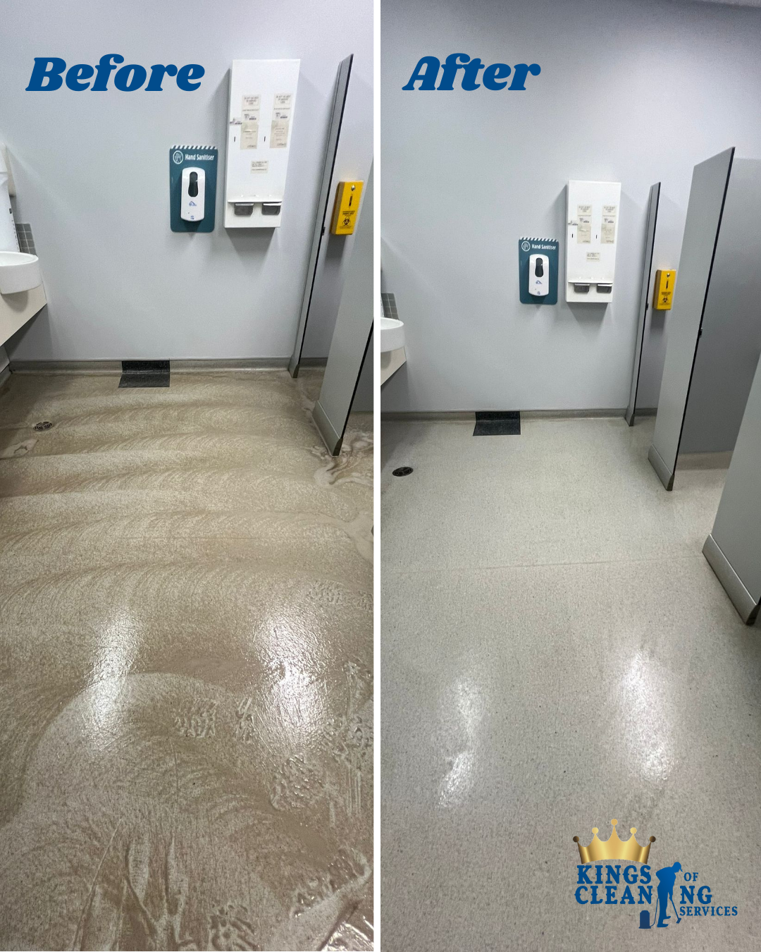 Before and after comparison of a commercial bathroom vinyl floor after professional cleaning and sealing