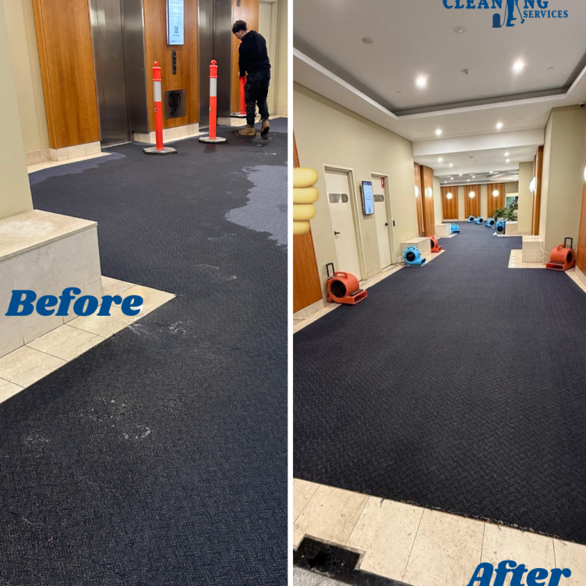 Flooded Carpet Cleaning Before and After Commercial Hallway Before and after comparison of flooded carpet cleaning in a commercial hallway, showing water-damaged carpet near lifts and the restored, fully dried carpet after professional water extraction and drying equipment was used.