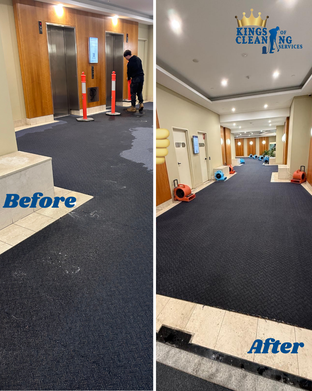Before and after comparison of flooded carpet cleaning in a commercial hallway, showing water-damaged carpet near lifts and the restored, fully dried carpet after professional water extraction and drying equipment was used.