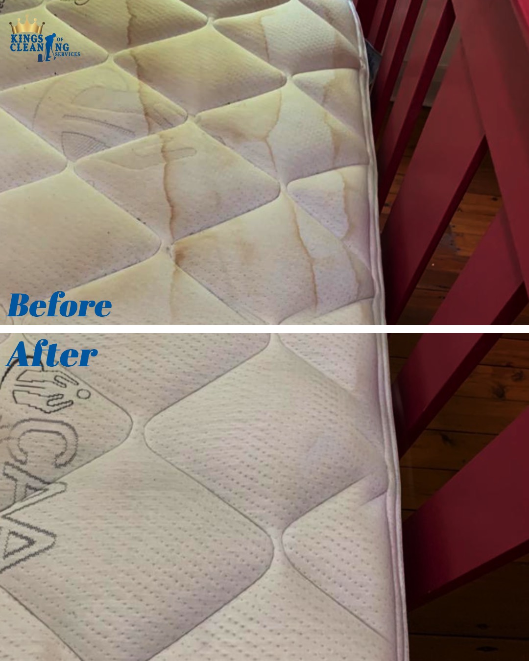 Before and after comparison of a stained mattress restored through professional mattress cleaning