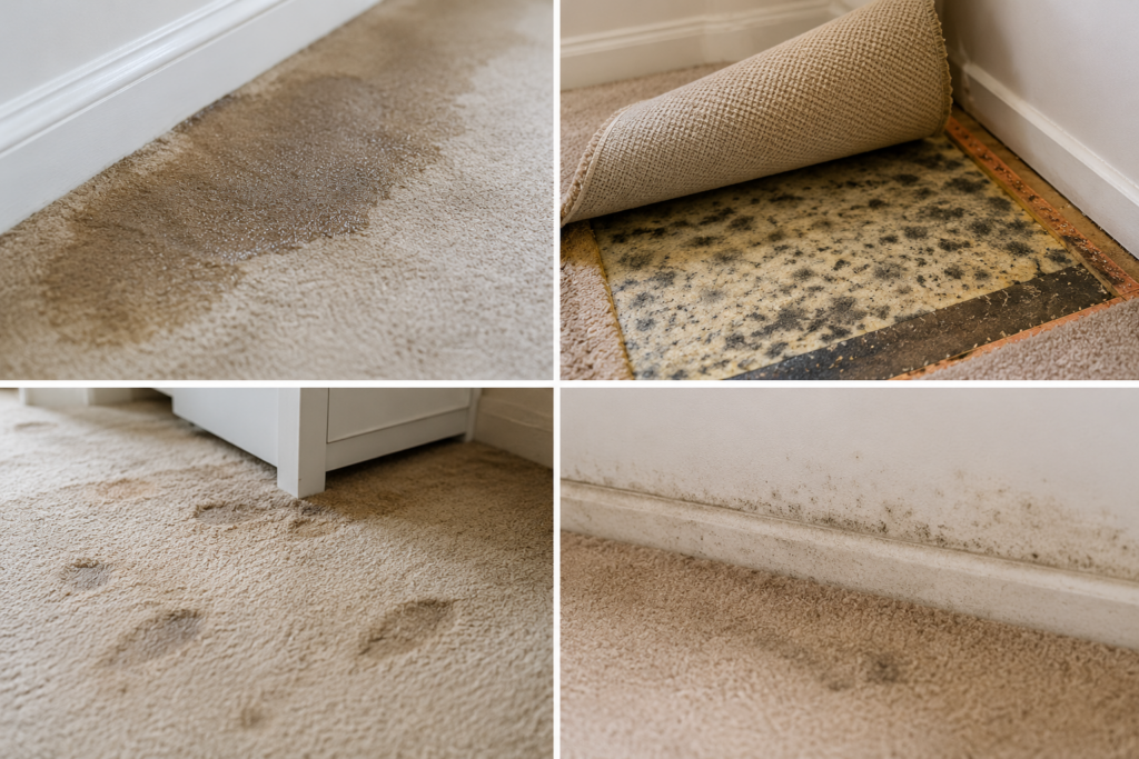 Four panels displaying key signs of an improperly dried carpet, including deep water stains, subfloor mould growth beneath a pulled-back carpet, and mildew spreading along a skirting board.