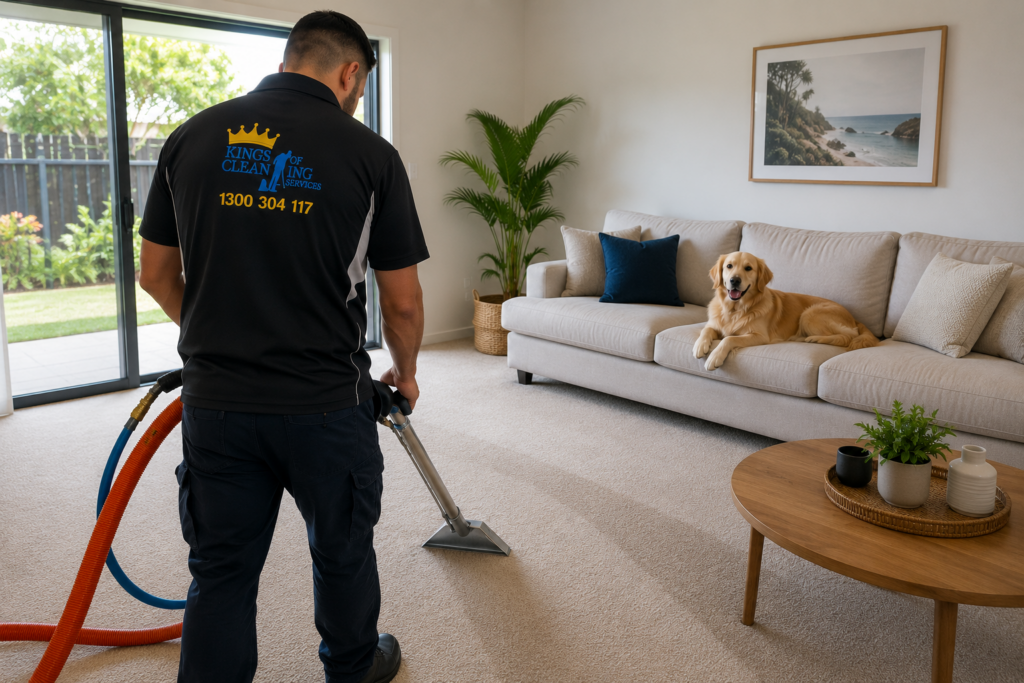 A Kings of Cleaning Services technician using a hot water extraction wand to remove pet odours from a living room carpet in a Parramatta home while a golden retriever watches from the couch.