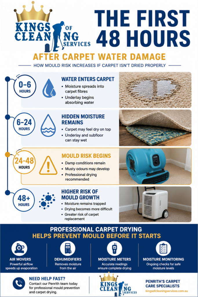 Infographic guide by Kings of Cleaning Services outlining the first 48 hours of carpet water damage, detailing how hidden moisture leads to mould risk and musty odours.