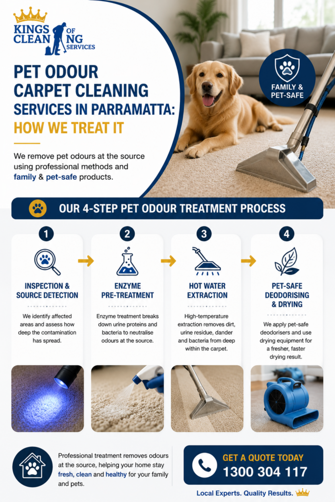 Infographic explaining the 4-step pet odour treatment process in Parramatta by Kings of Cleaning Services, featuring inspection, enzyme pre-treatment, hot water extraction, and pet-safe deodorising.