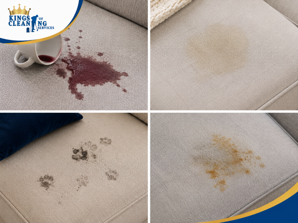 Four-panel image showing common upholstery stains: spilled wine, liquid ring watermark, muddy pet paw prints, and food grease.