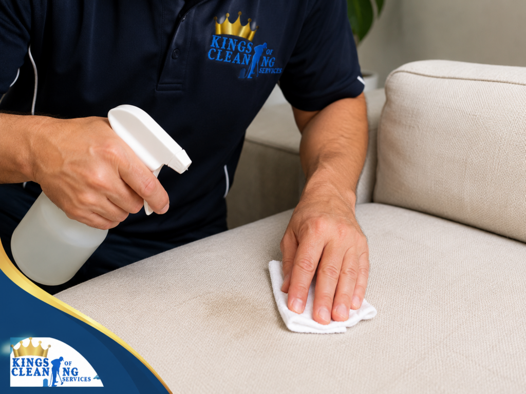 Upholstery cleaning technician using a professional extraction tool to clean a stain off a beige fabric sectional sofa.