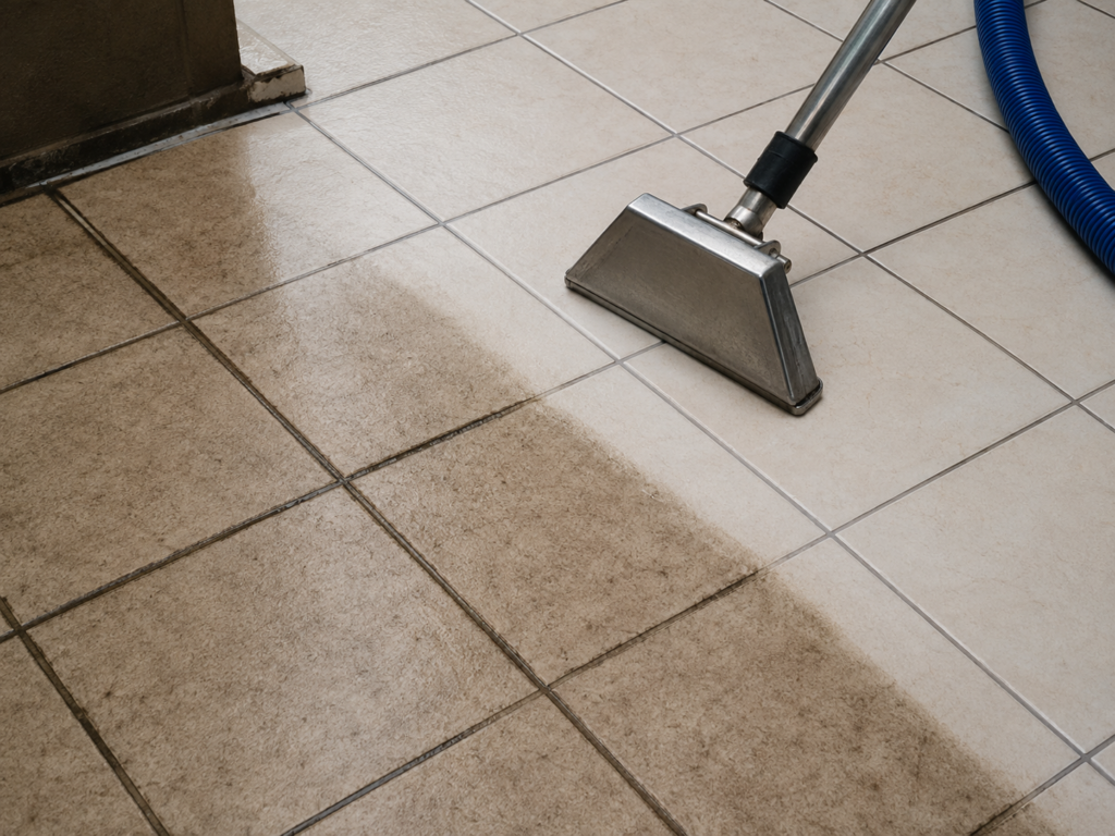 Tile extraction wand restoring dirty brownish tile and grout back to clean cream porcelain floor tiles.