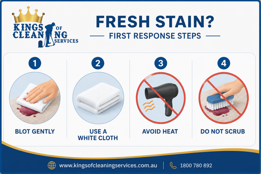 Four-step infographic for fresh stains advising to blot gently, use a white cloth, avoid heat, and avoid scrubbing.
