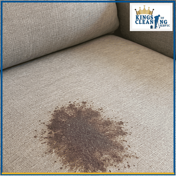 Close-up view of a large dark liquid stain on a light beige woven sofa cushion.
