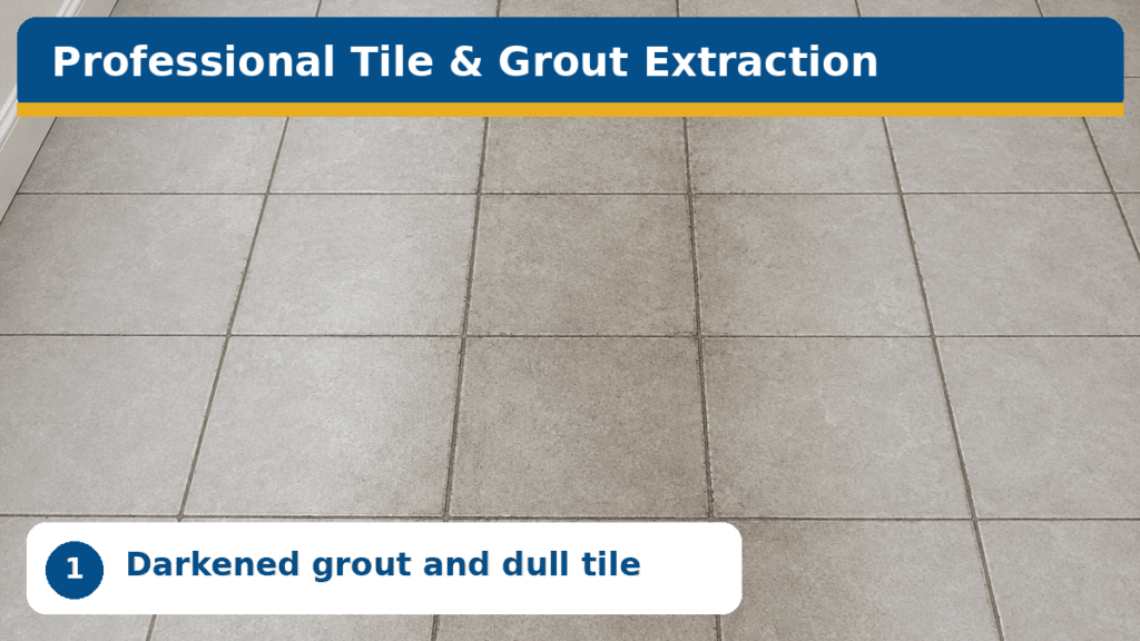 Light grey floor tiles showing dirty grout lines, labeled with a banner reading "1 Darkened grout and dull tile.