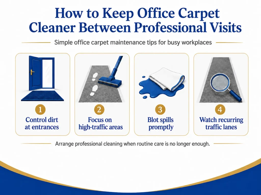 Infographic showing four ways to keep office carpet cleaner between professional visits