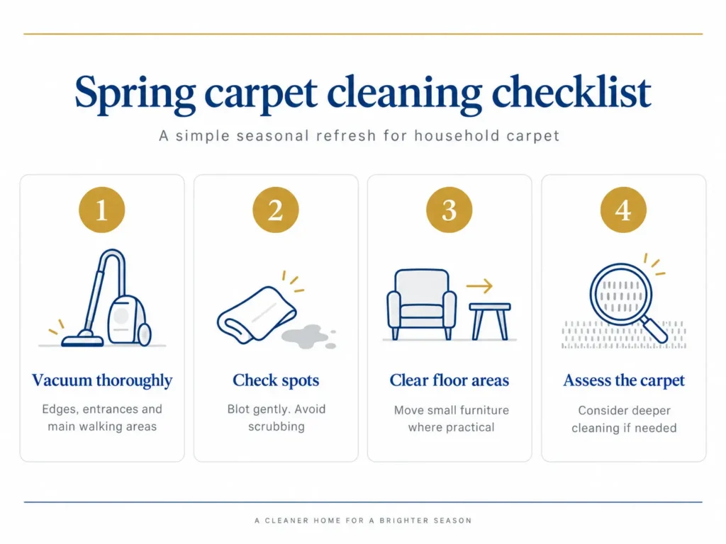 Four-step spring carpet cleaning checklist for preparing and refreshing household carpet