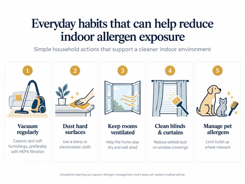 Infographic showing everyday household steps for managing common indoor allergens