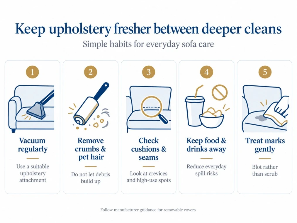 Infographic showing five simple ways to keep upholstery fresher between deeper cleans